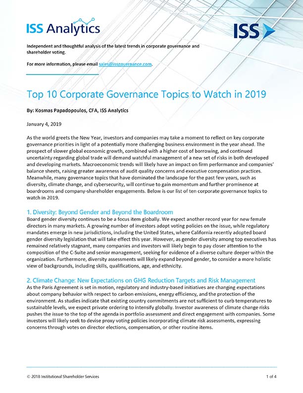 Top 10 Corporate Governance Topics to Watch in 2019 Top 10 Corporate Governance Topics to Watch in 2019