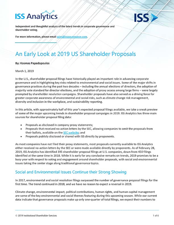 An Early Look at 2019 US Shareholder Proposals An Early Look at 2019 US Shareholder Proposals